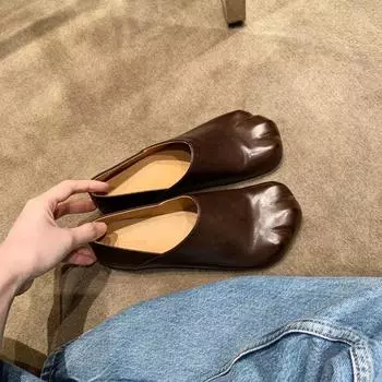 Cowhide version~ Niche one-pedal flat-soled single shoes can step on cat paw women s small leather shoes 35