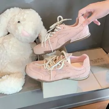 Cowhide version of girlish pearl double shoelaces casual ballet style women s sports and leisure shoes 35