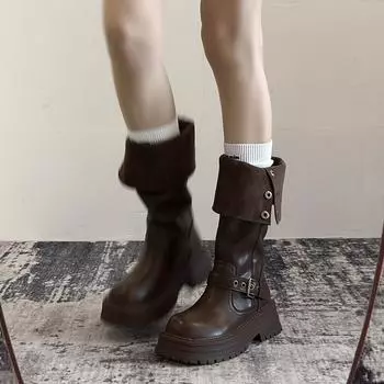 Cowhide version of Maillard boots, women s two wear lapel boots, thick soles increase height, western slim knight boots, Martin boots 35