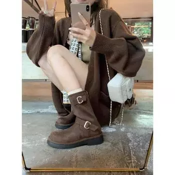 Cowhide version of retro locomotive buckle with round head thick sole heightening medium tube short boots autumn and winter Martin boots women 34