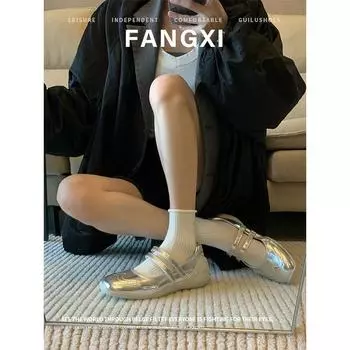 Cowhide version of the new silver ballet sports and leisure shoes, flat single shoes, women s shallow mouth square head thick sole Mary Jane shoes 34