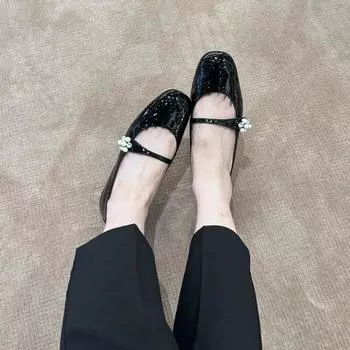 Cowhide version~ Pearl rhinestone buckle genuine leather Mary Jane single shoes women s soft-soled ladyshoes small leather shoes flat shoe 34