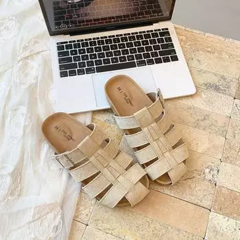 Cowhide version~ Pig cage hollow bag head half slippers women s outer wear retro flat-bottomed lazy one-pedal sandals 35