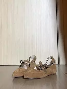 Cowhide version~ pointed flat bottom inner height increase Mary Jane shoes women s brown rivets one word with shallow mouth single shoes women 35