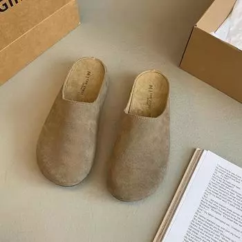 Cowhide version~ retro bag head half slippers women wear new soft-soled casual shoes versatile and ugly 35