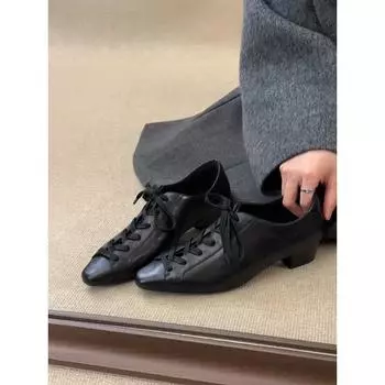 Cowhide version~ retro cross-lace-up old money style small leather shoes commuting thick heels single shoes design temperament 35