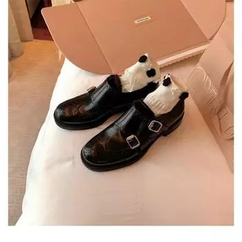 Cowhide version~ retro engraved block leather thick-soled small leather shoes, women s one-pedal lazy belt buckle 35