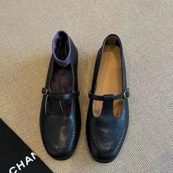 Cowhide version~ retro leather flat bottom women s new T-word with one pedal Mary Jane small leather shoes single shoes 35