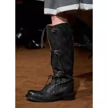 Cowhide version~ retro leather inner height increase 7cm boots fashion boots women s old knight boots belt buckle boots 35