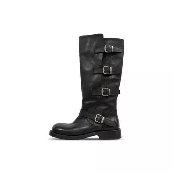 Cowhide version~ Retro long boots women s thick heel belt buckle high black boots versatile leather pleated trouser tube boots 35