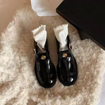 Cowhide version~ Retro Mary Jane small leather shoes women s camellia one-word leather shoes with gold coins 35