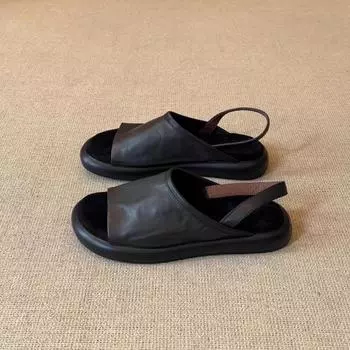 Cowhide version retro open-toed one-word sandals women s summer wear versatile vacation beach shoes flat-bottomed cool slippers 35