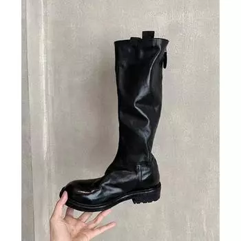 Cowhide version~ retro pleated thick-soled long knight boots women s thin leather high boots 35