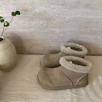 Cowhide version~ retro round head ugly cute short boots women s velvet low-top snow boots warm large cotton shoes thick-soled fluffy boots 35