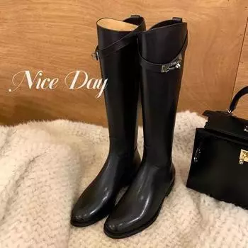 Cowhide version~ retro slim leather thick-soled knight boots women s small gold buckle thick heel boots tall boots long boots 34