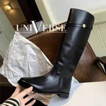Cowhide version retro small gold buckle leather platform boots women s belt buckle thick heel knight boots tall boots long boots 34