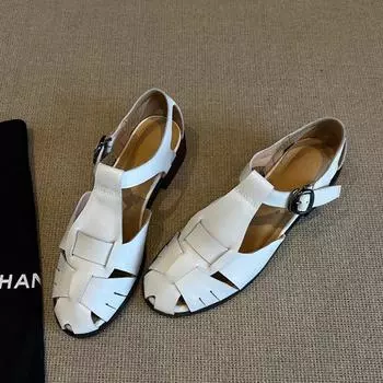 Cowhide version~ retro style woven bag head sandals women s summer wear genuine leather flat-bottomed cool slippers pig cage shoes 35