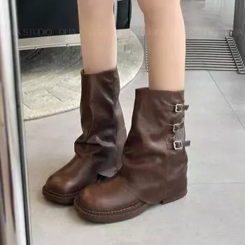 Cowhide version~ retro trouser tube boots square head thick-soled short boots versatile and thin belt buckle western cowboy boots Martin boots 35