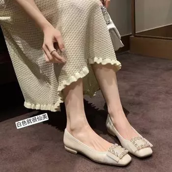 Cowhide version~ Rhinestone silver genuine leather Mary Jane single shoes women s buckle soft-soled ladyshoes French flat shoes small leather shoes 35 слоновая кость