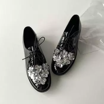 Cowhide version~ round head flower lace-up small leather shoes versatile thick heel black loafer single shoes women s derby shoes 35