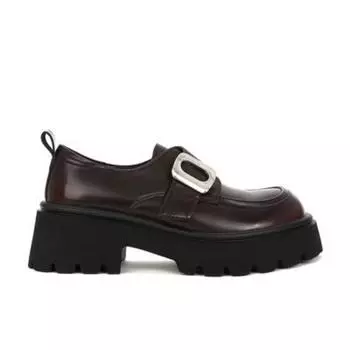 Cowhide version~ Round head retro buckle with muffin thick sole to increase the height of women s British small leather shoes 35