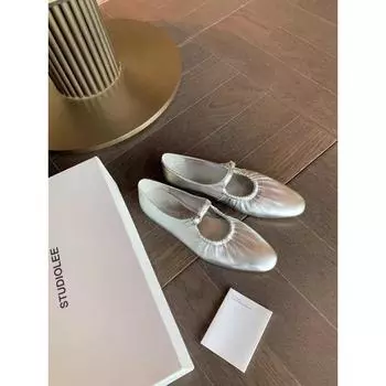 Cowhide version~ Silver leather flat-soled single shoes women s pleated one-word buckle with Mary Jane small leather shoes ladyshoes 35