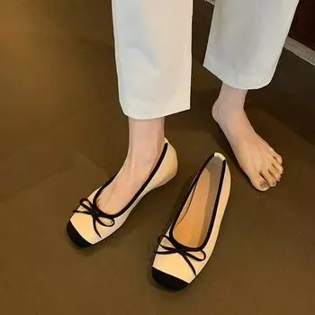 Cowhide version~ Silver leather inner height increase square head ballet French Mary Jane shoes bow single shoes women s flat bottom 35