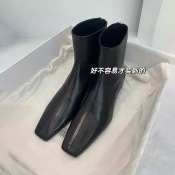 Cowhide version~ Small ankle boots special-shaped and thin boots leather low-heeled Martin boots women s square head short boots 35