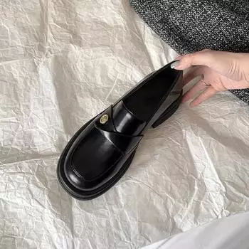 Cowhide version~ Small gold coins thick-soled stepping heel loafers women s British style 2024 new retro small leather shoes single shoes 34