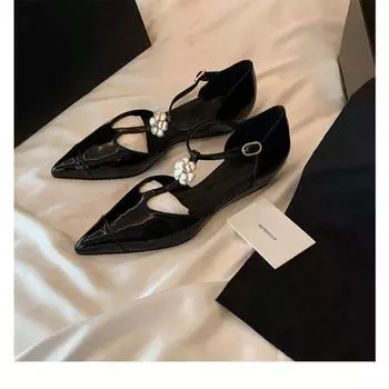 Cowhide version small leather wedge heels high heels women s platform pointed shoes thick heel hollow Mary Jane single shoes ladyshoes 35