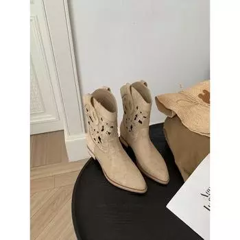 Cowhide version~ Spice Girl thick heel pointed knight boots women s hollow embroidery mid-tube western cowboy boots 35