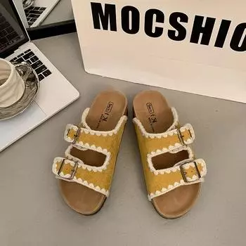 Cowhide version~ sponge cake thick-bottomed one-word slippers for women s summer wear, summer cork beach cool slippers 35