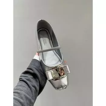 Cowhide version square head leather light mouth metal bow Mary Jane shoes women s flat ballet shoes 35