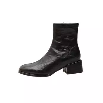 Cowhide version square head leather thick heel short boots small ankle boots women s autumn and winter new medium and high heel elastic thin boots 34