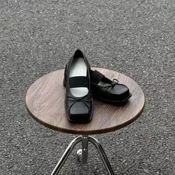 Cowhide version~ Square head shallow mouth Mary Jane shoes women s new bow leather single shoes ballet platform small leather shoes 35 чёрный