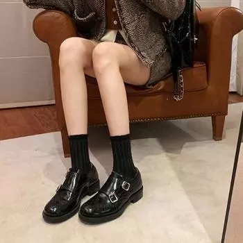 Cowhide version temperament leather engraved brock women s platform small leather shoes thick heel single shoes derby shoes 35