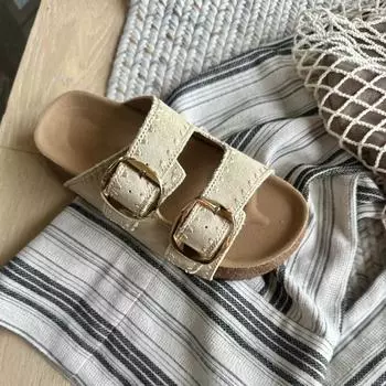 Cowhide version~ Thick bottom heightening woven belt buckle outer wear retro one-word cool slippers women s beach slippers 35