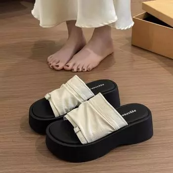 Cowhide version~ thick-bottomed one-piece slippers for women s new summer models, wrinkled outer wear, casual beach drag sandals for women 35