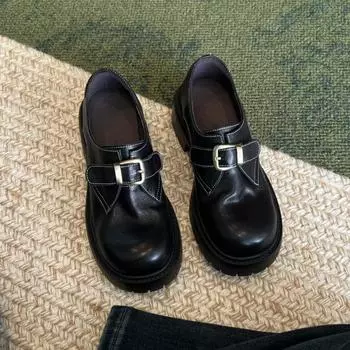 Cowhide version~ thick-soled small man height increase women s retro small leather shoes versatile uniform single shoes 35