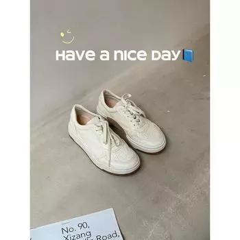 Cowhide version versatile round head lace-up breathable muffin thick-soled leather little white shoes women s casual board shoes 35
