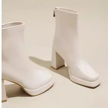 Cowhide version~ Waterproof table high-heeled short boots for women, new square head thick heel rear zipper thin boots, Martin boots. 34 чёрный