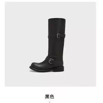 Cowhide version~ Wide tube leather shoes thick-soled high boots women s pile boots thick heel boots knight boots 35