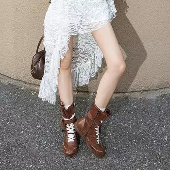 Cowhide~ Wang Xiaodu inner height increase 5cm boots Maillard short boots women s sports retro Martin boots boxing boots 35