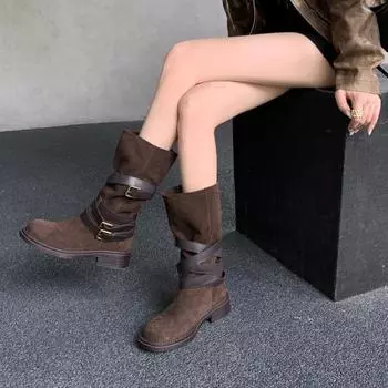Cowhide Western Cowboy Boots Women s Brown Belt Buckle Pile Boots Medium Knight Boots New Retro Strap Boots Women 35