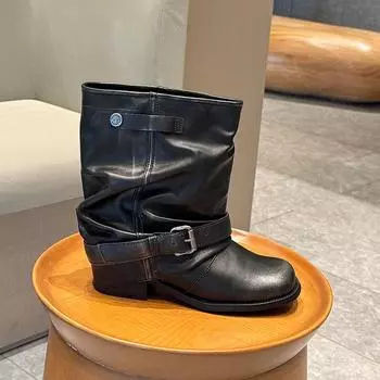 Cowhide Western Jeans Tube Boots Women s Pleated Pile Black Wipe Round Head Vintage Thick Heel Knight Martin Boots 35