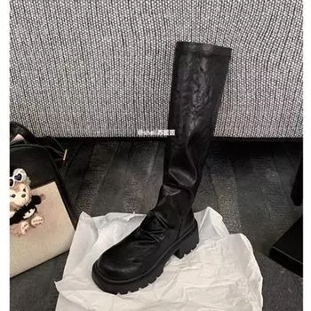 Cowhide Xu Jiaqi thick-soled thick-heeled pleated thin boots high elastic stacking boots women s long boots 34