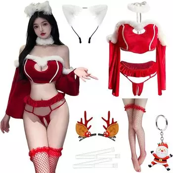 [COZENRE] Санта косплей женский милый костюм Санты комплект из 8 предметов сексуальный пустой сундук радикальные голые плечи пушистый короткий рукав костюм кошачьи ушки повязка на голову