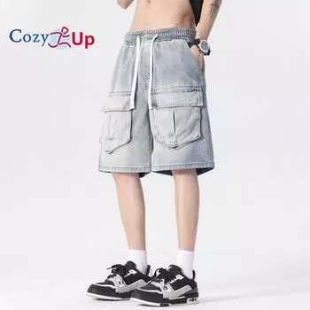 Cozy Up Jean Shorts for Men High Waisted Pull on Drawstring Elastic Waist Trendy Stretchy Denim Jorts Summer Shorts S темно-синий
