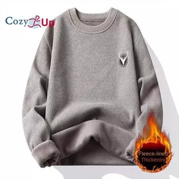 Уютный мужской плюшевый и утолщенный вязаный пуловер с вышивкой оленя, теплый свитер для улицы M чёрный