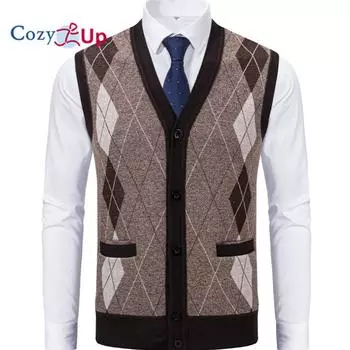 Cozy Up Mens Argyle свитер жилеты V-образный вырез без рукавов кардиган жилет трикотаж L темно-серого